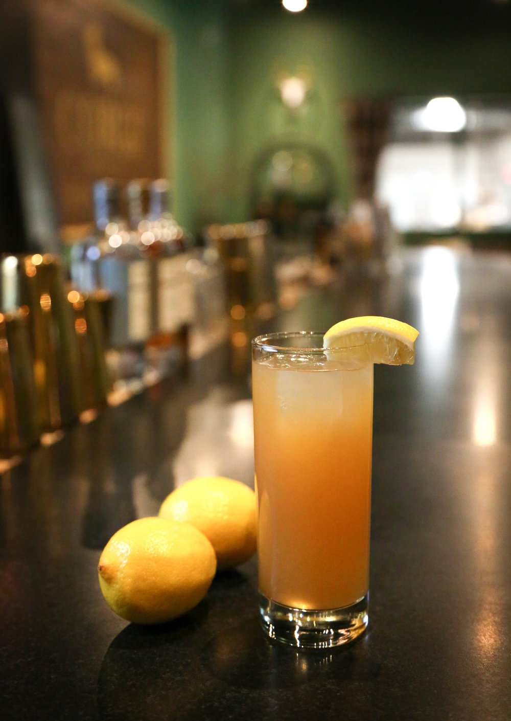 GREEN JACKET 2 oz Corgi Spirits Earl Grey Gin 1 oz fresh lemon juice 1 oz water 2 oz mango puree 2 OR 1 oz simple syrup 2 dashes Angostura Bitters Fill a shaker with ice, add all ingredients and shake vigorously. Pour into a highball glass and garnish with lemon wheel.