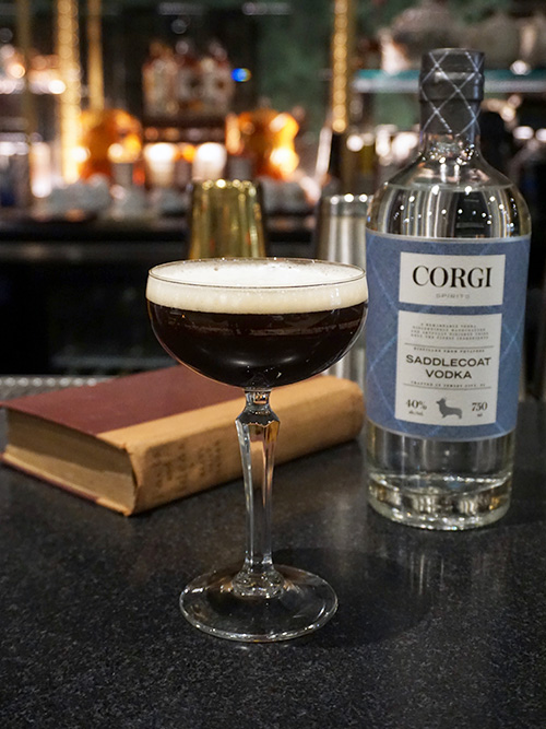 ESPRESSO MARTINI 2 oz. Corgi Spirits Saddlecoat Vodka 1 oz coffee liqueur OR 1 oz. freshly brewed espresso .5 oz simple syrup Fill a shaker with ice, add all ingredients and shake vigorously. Double-strain into chilled coupe. Garnish with 3 coffee beans.